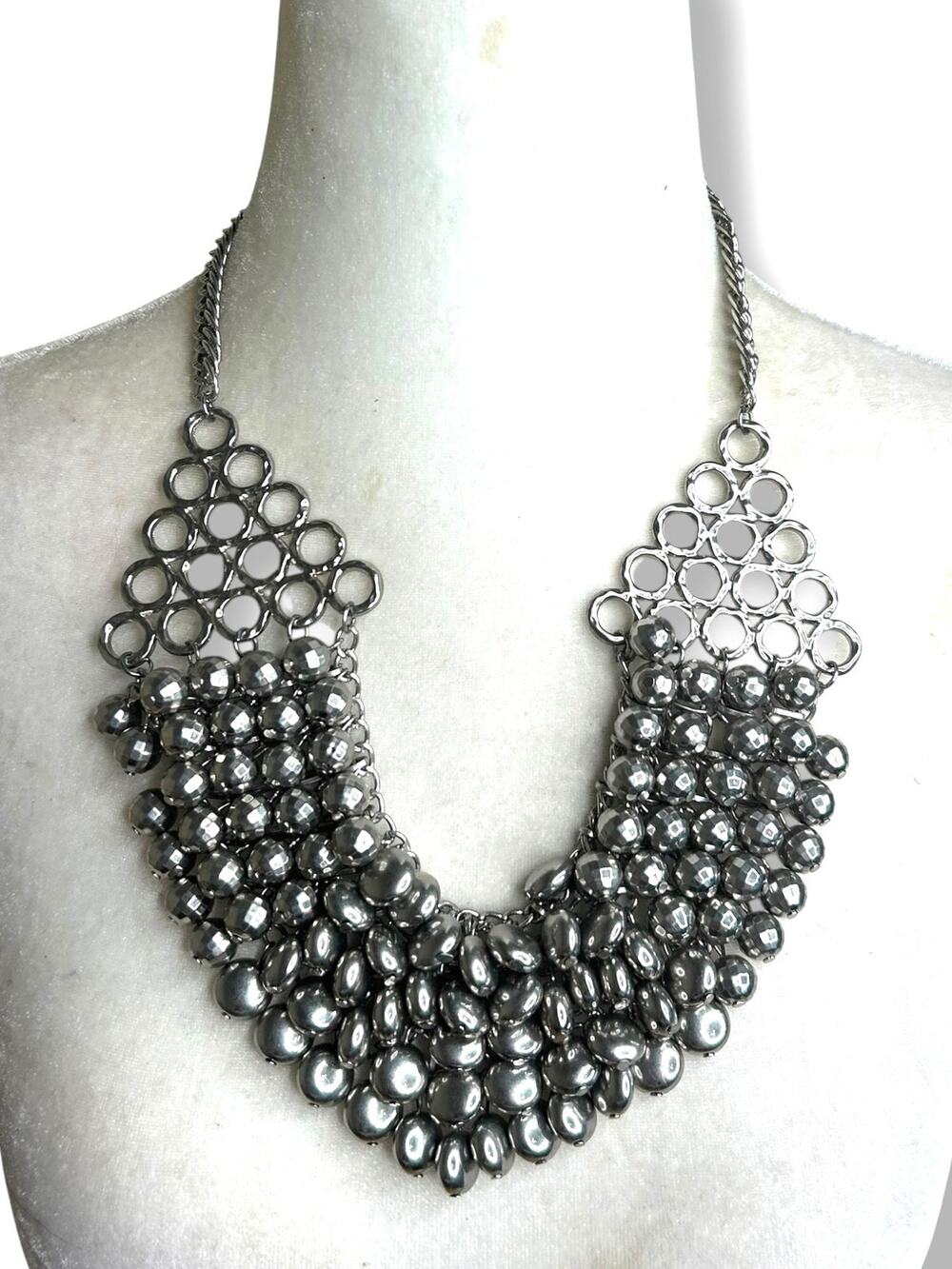 Chunky Silver Tone Statement Necklace Bubble Bead Geometric Cutout Bib Collar